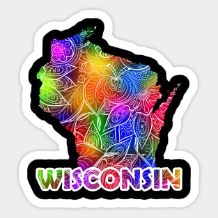 Colorful mandala art map of Wisconsin with text in multicolor pattern Sticker
